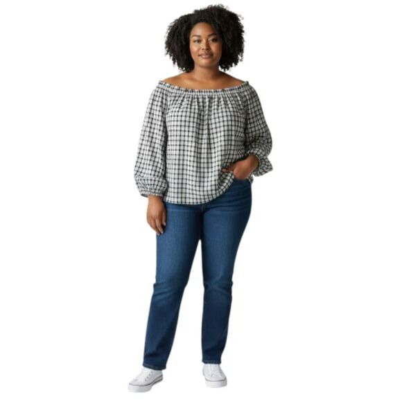 St Johns Bay Gingham Checkered Square Neck Puffy long Sleeve Top - NWT - Picture 2 of 8